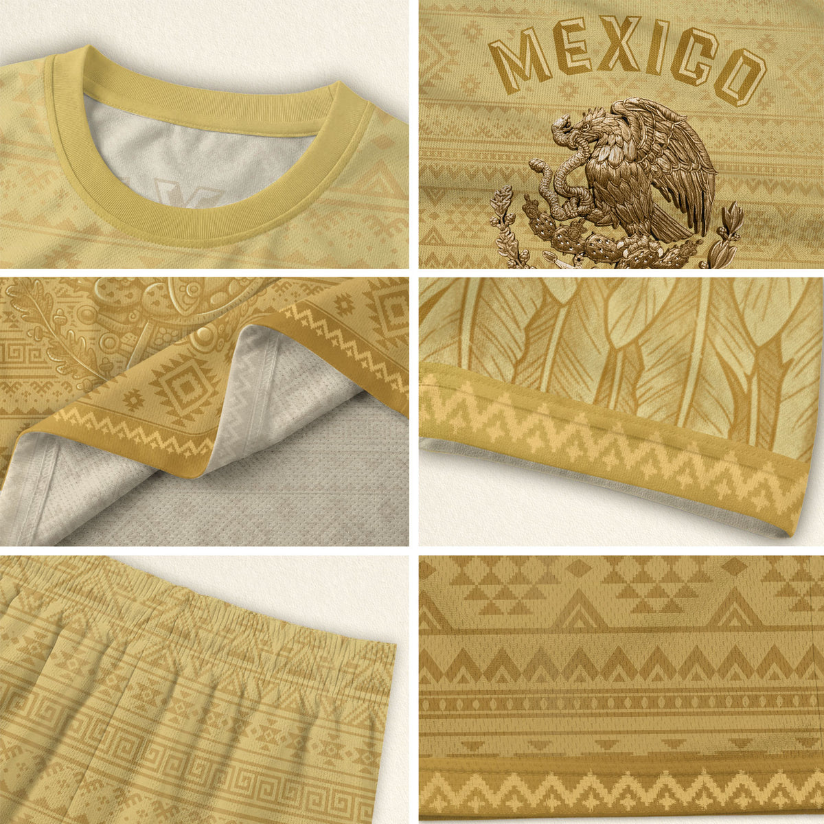 Mexico Heritage Soccer Jersey, Yellow Gold Aztec Calendar Design Sports Jersey for Men