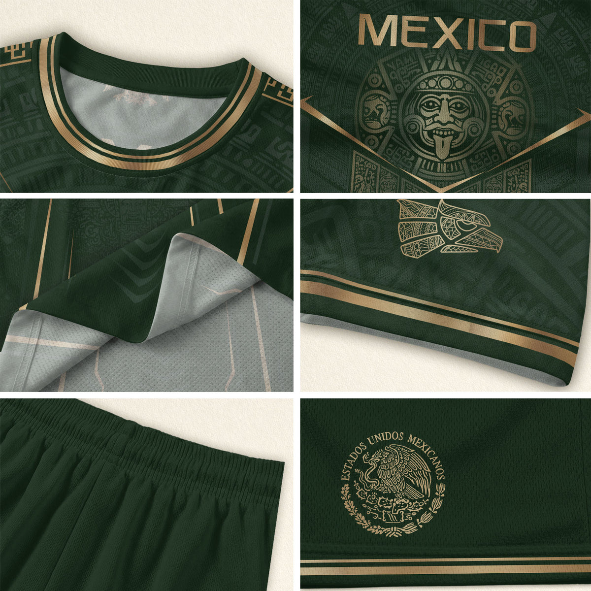 Camiseta de fútbol premium con emblema de águila azteca verde y dorado de México