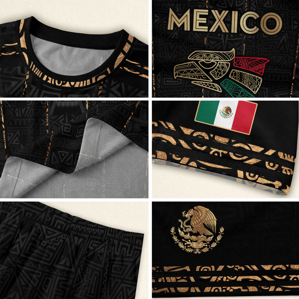 Camiseta de fútbol premium con emblema de águila azteca verde y dorado de México