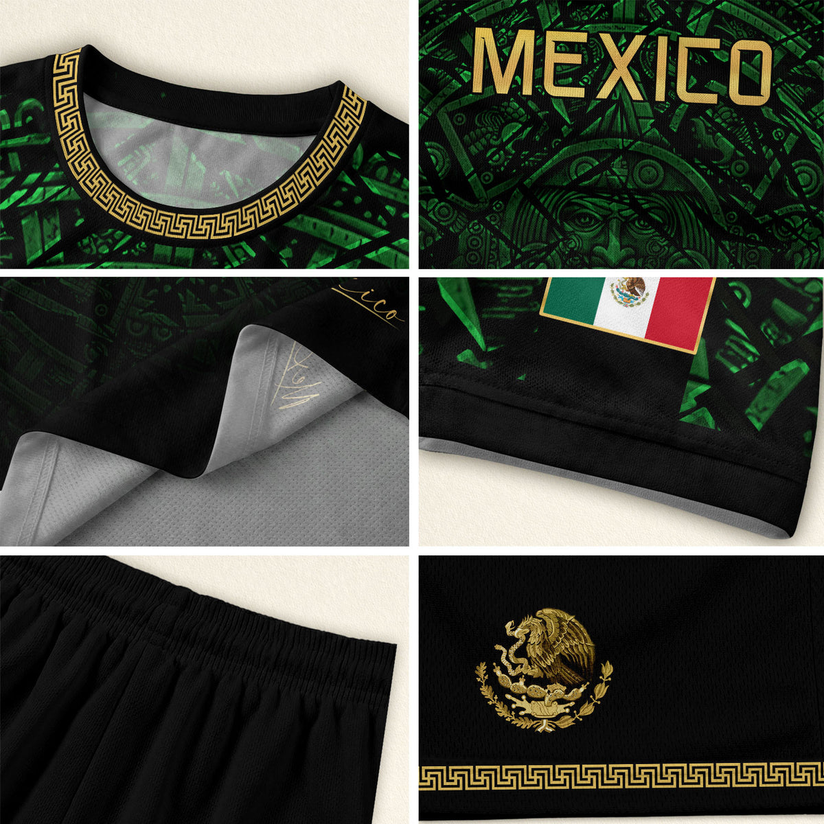 Mexico Soccer Jersey Green Black Aztec Sun Stone - Mexico Fan Heritage Style Shirt
