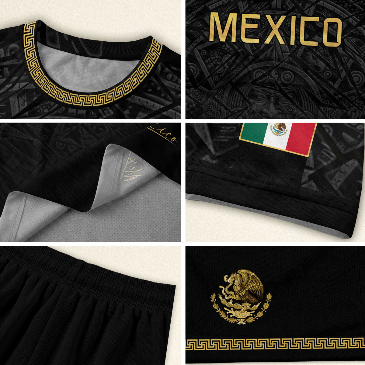 Camiseta de fútbol premium con emblema de águila azteca verde y dorado de México