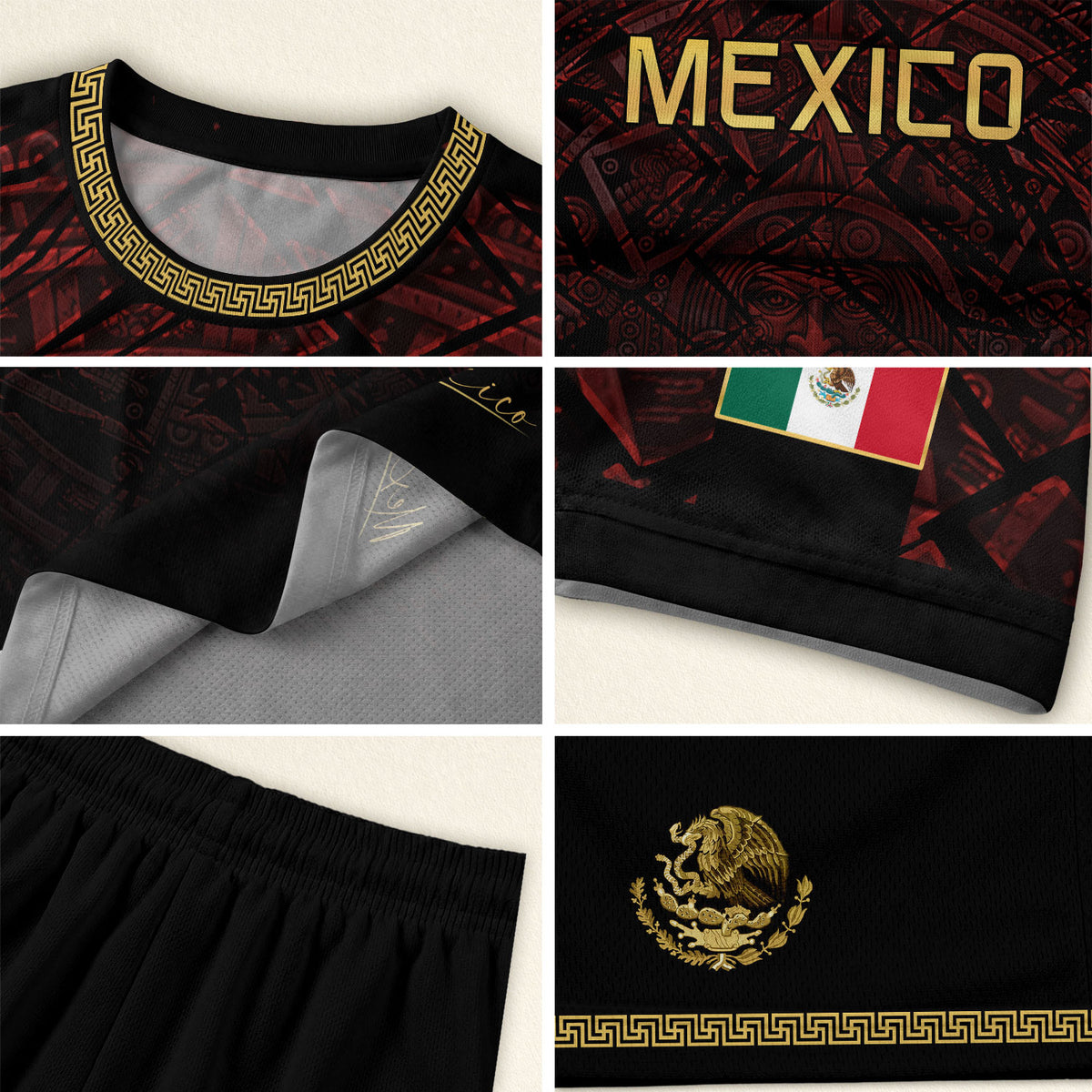 Camiseta de fútbol premium con emblema de águila azteca verde y dorado de México