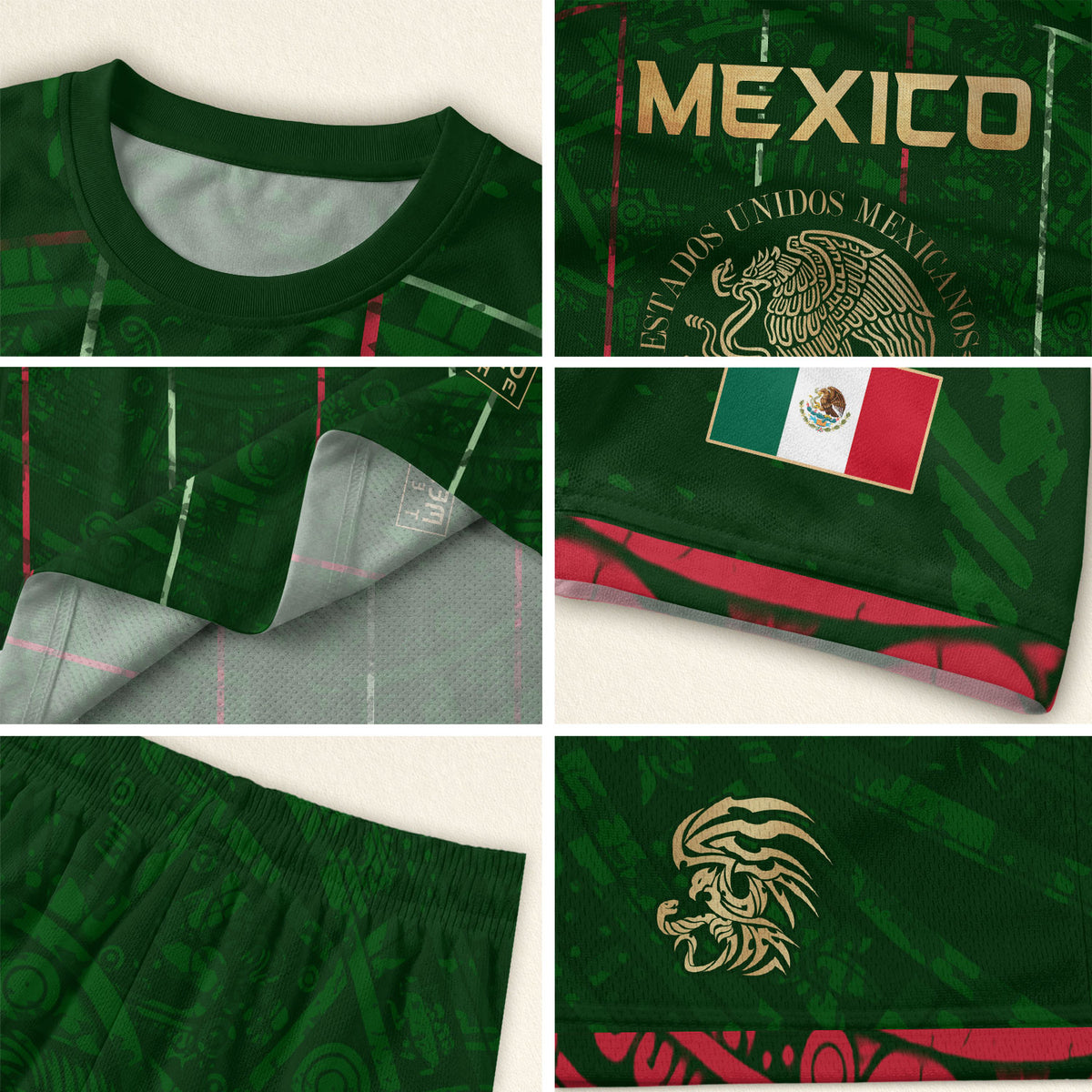 Camiseta de fútbol premium con emblema de águila azteca verde y dorado de México