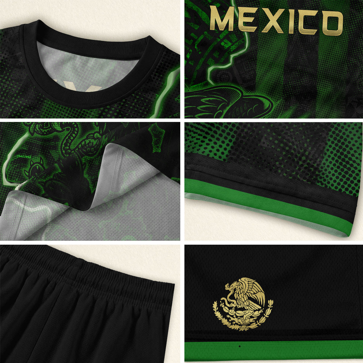Camiseta de fútbol premium con emblema de águila azteca verde y dorado de México