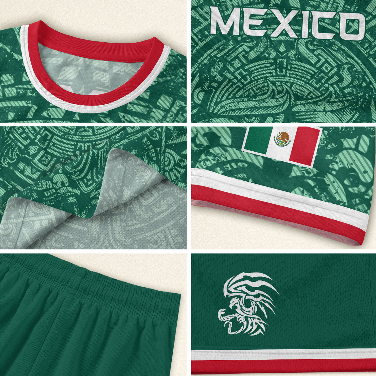 Camiseta de fútbol premium con emblema de águila azteca verde y dorado de México