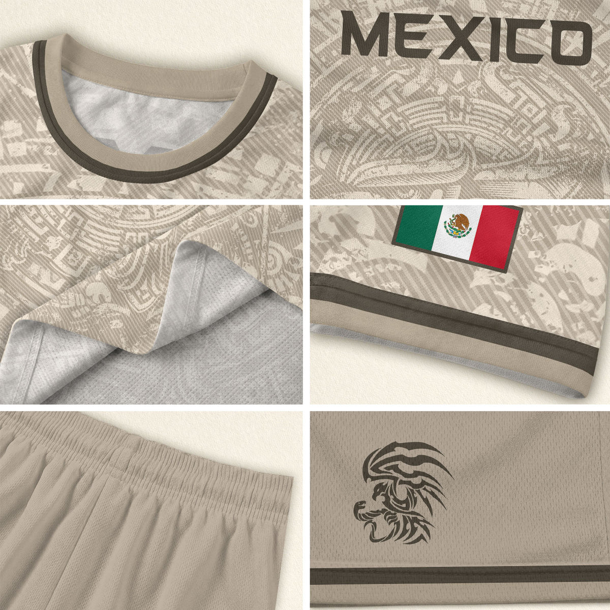 Camiseta de fútbol premium con emblema de águila azteca verde y dorado de México