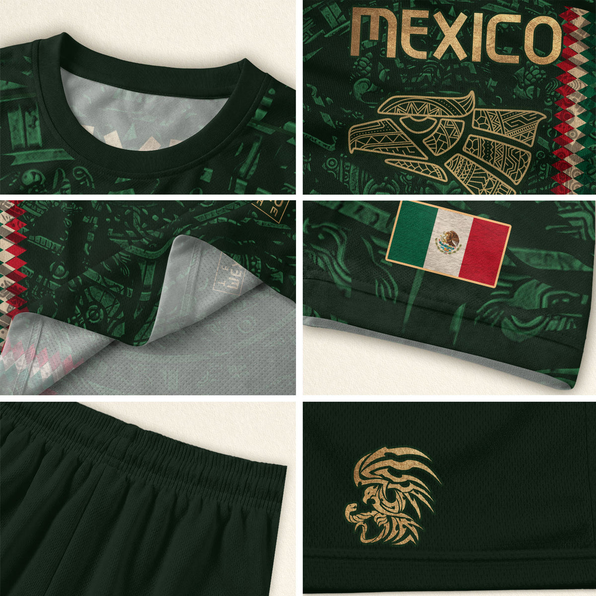 Mexico Soccer Jersey Green Gold Aztec Sun Stone - Mexico National Team Fan Heritage Shirt