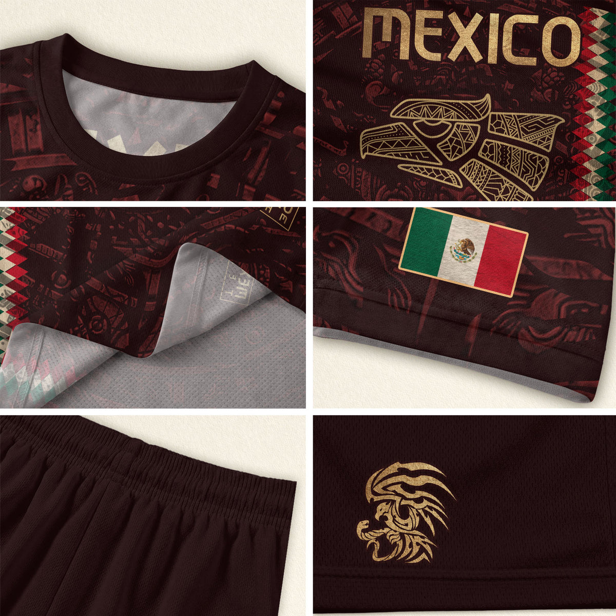 Camiseta de fútbol premium con emblema de águila azteca verde y dorado de México