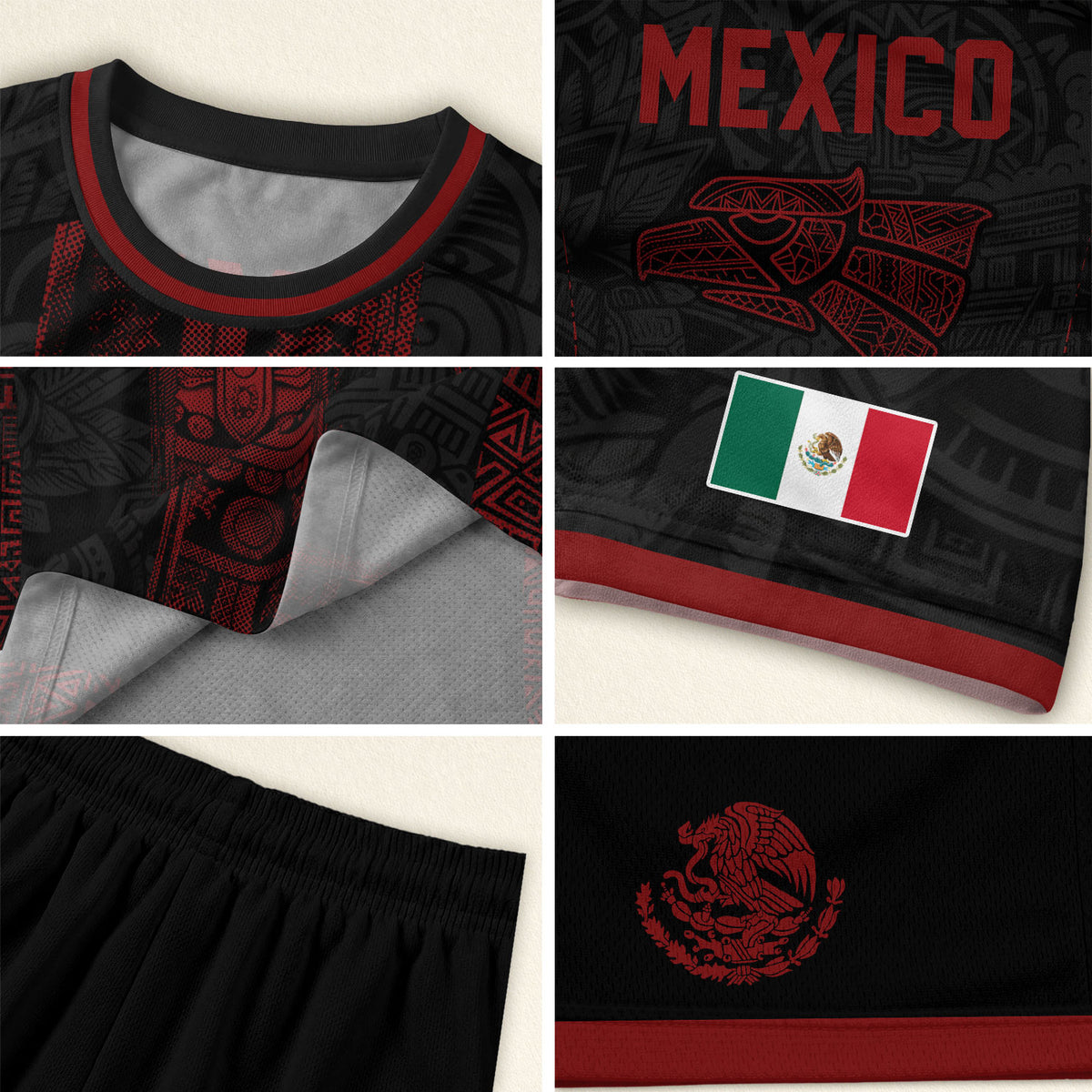 Mexico Soccer Jersey Men Black Red Aztec Cross Warrior Mexican Football Shirt