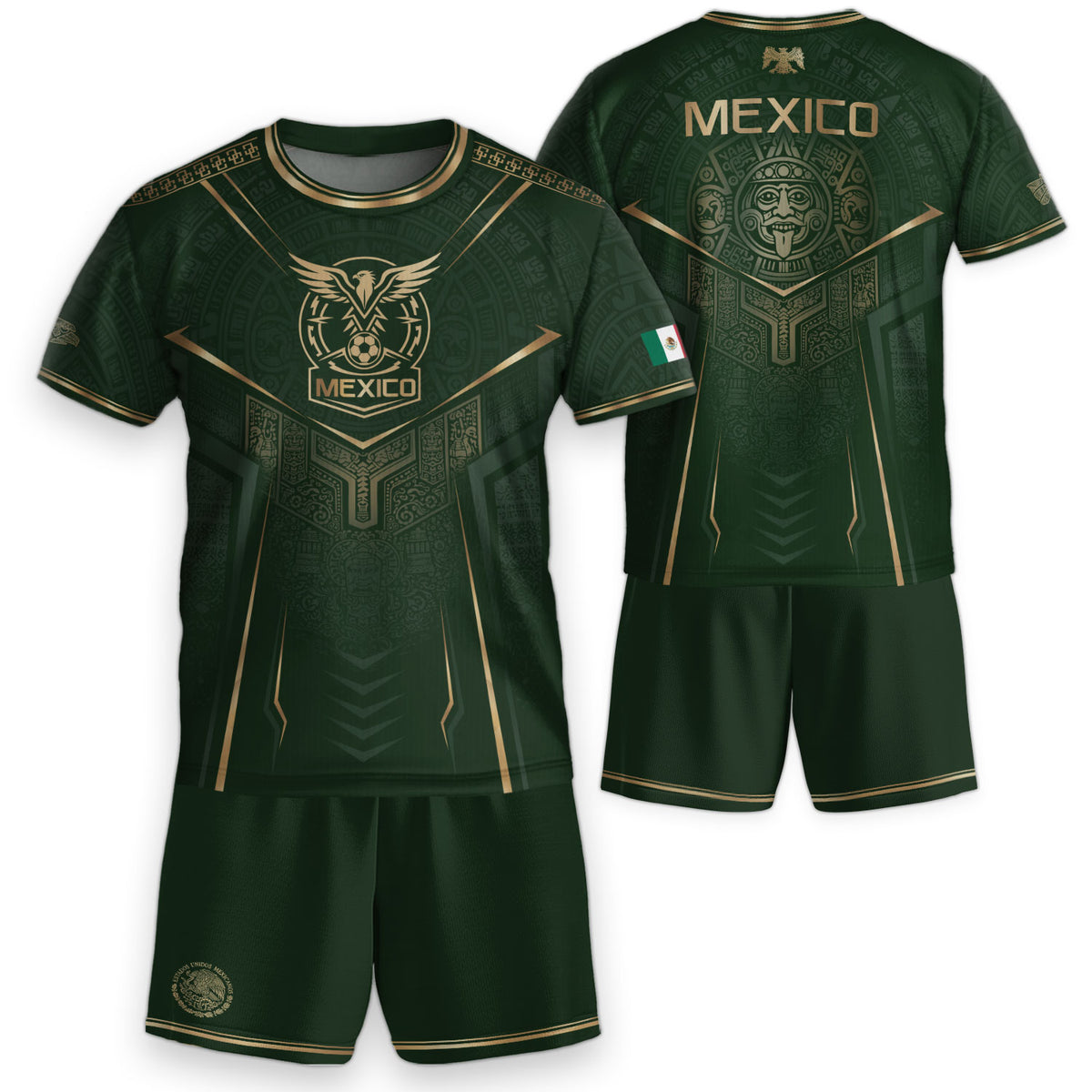 Mexico Soccer Jersey Youth Green Gold Eagle Shield Warrior Culture Print Football Shirt