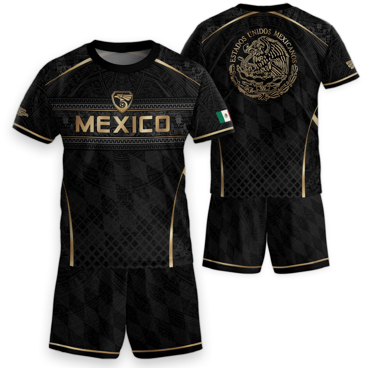 Aztec Inspired Black Gold Football Shirt for Youth, Mexico Soccer Jersey Retro Style Wear
