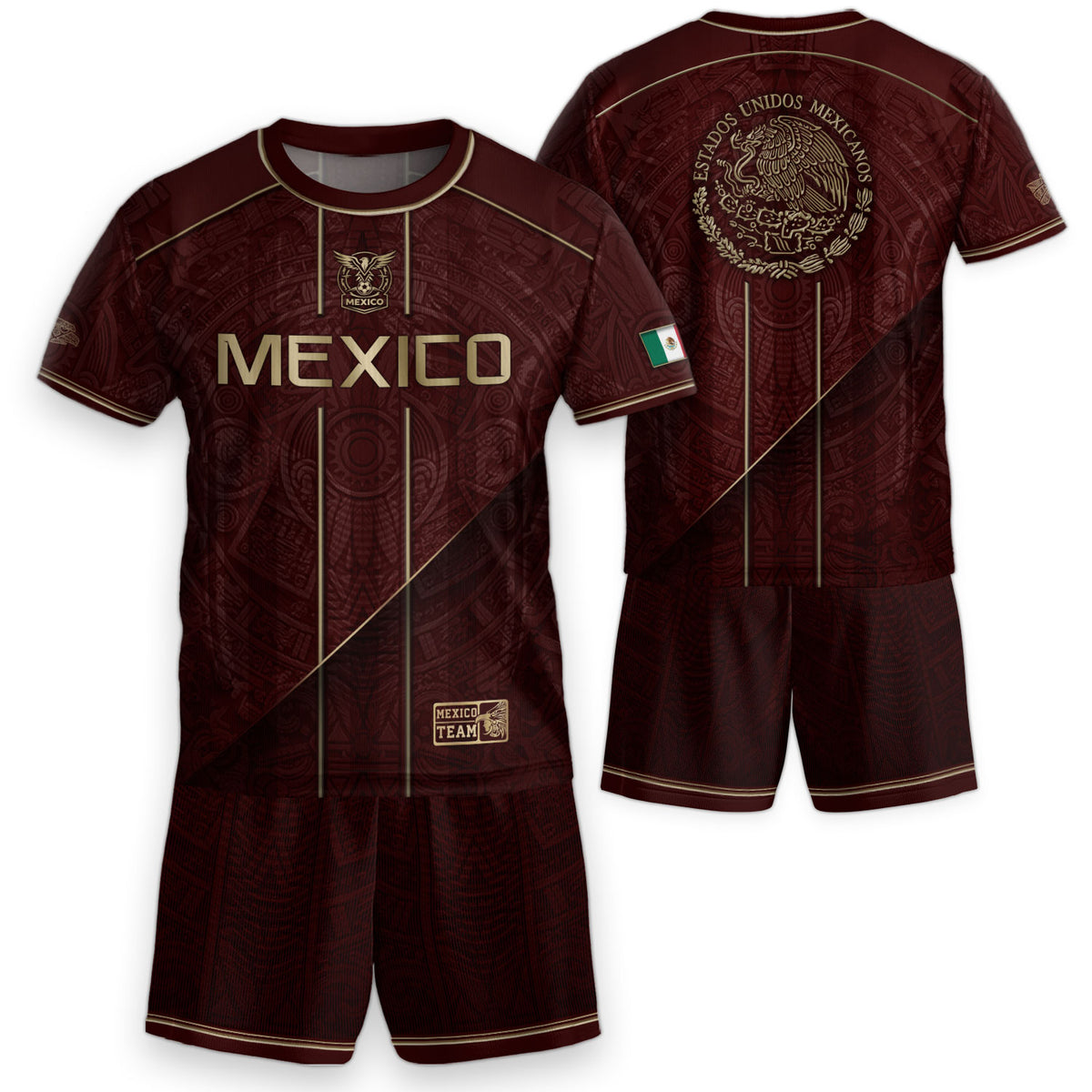 Mexico Football Fan Shirt with Maroon Gold Heritage Aztec Design, Retro Soccer Jersey Youth