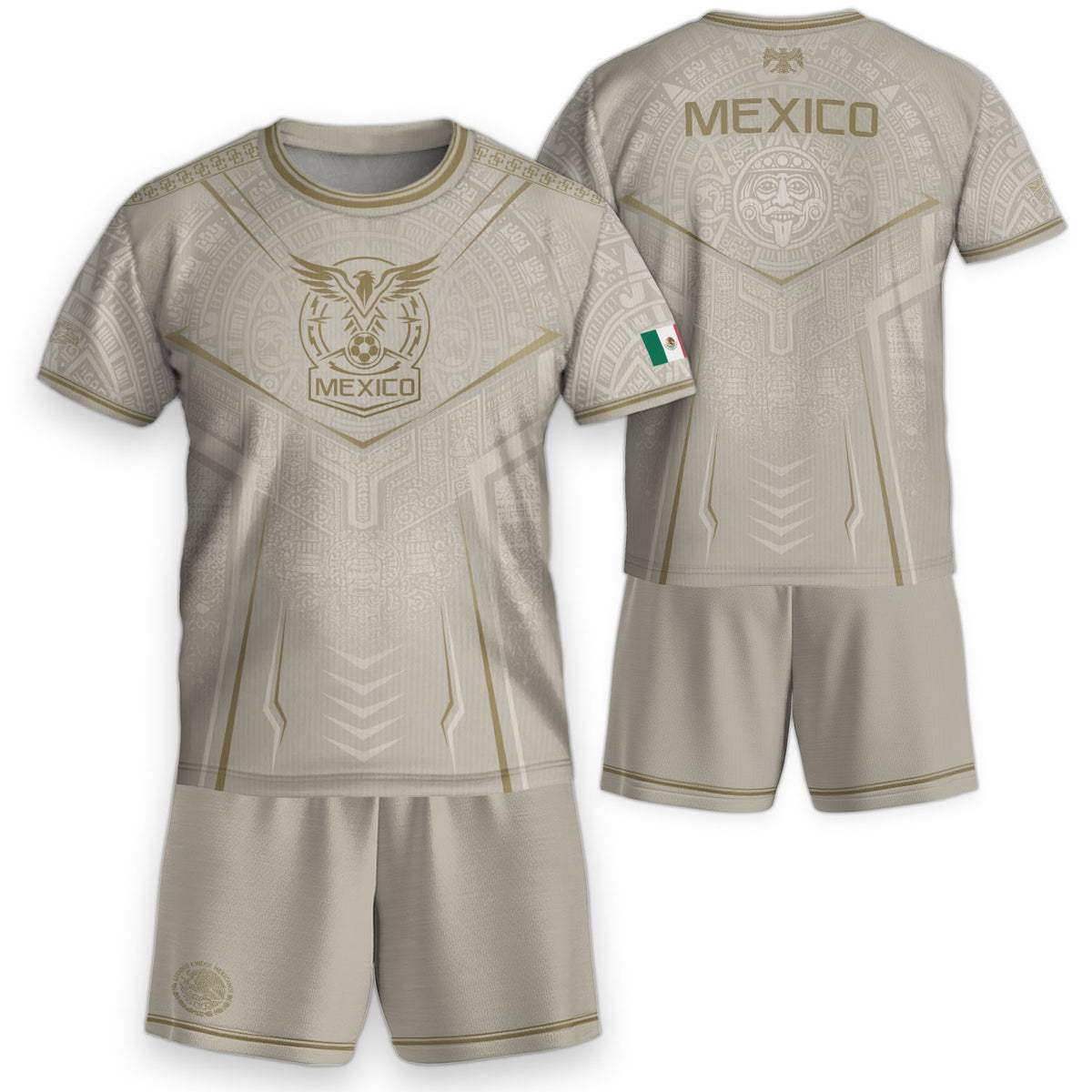 Mexico Soccer Jersey Youth White Gold Aztec Football Shirt Heritage Fan Apparel