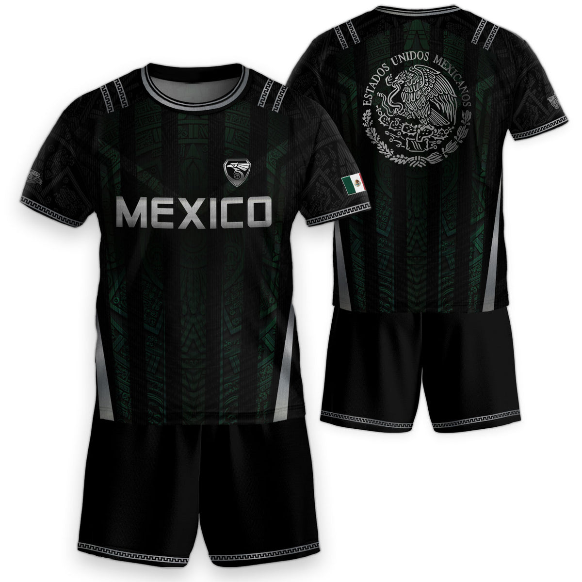 Mexico Soccer Jersey Black Green National Coat of Arms Heritage Football Shirt Set