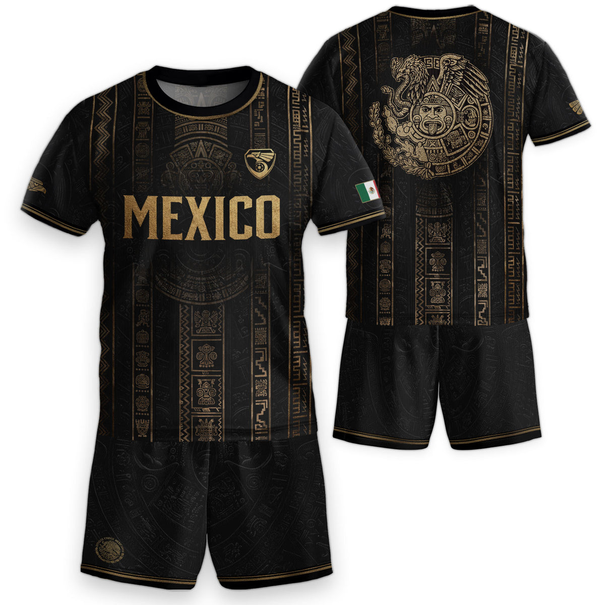 Mexico Soccer Jersey Youth Black Aztec Calendar Sun Stone Heritage Football Shirt Set