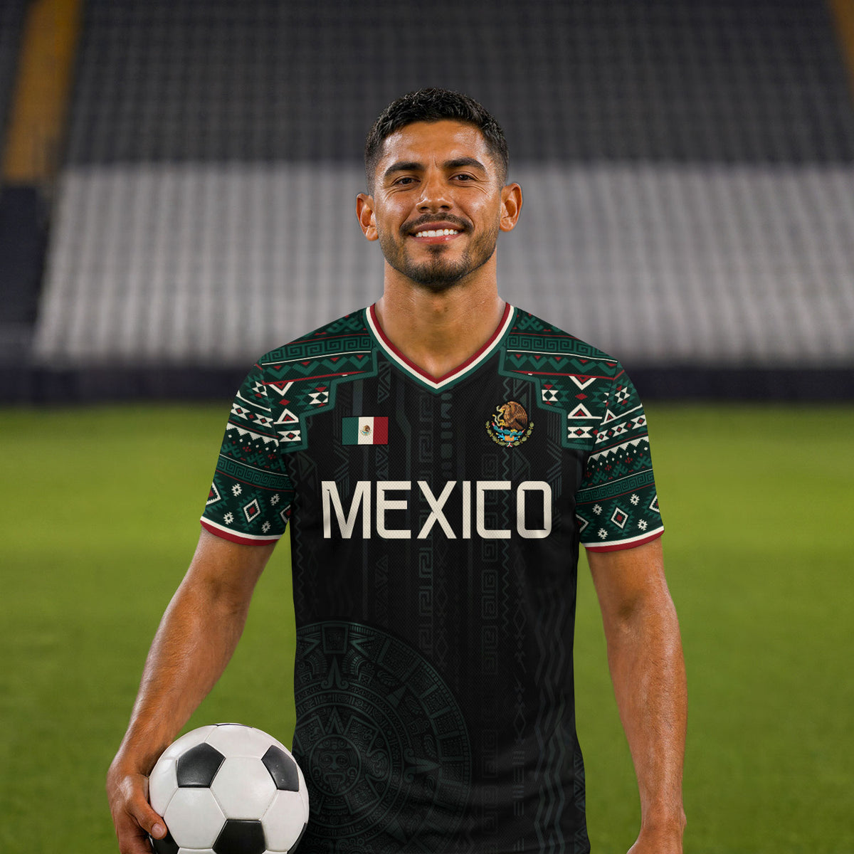 Mexico Soccer Jersey Black Edition V Neck Unisex Shirt Aztec Patterned Football Top