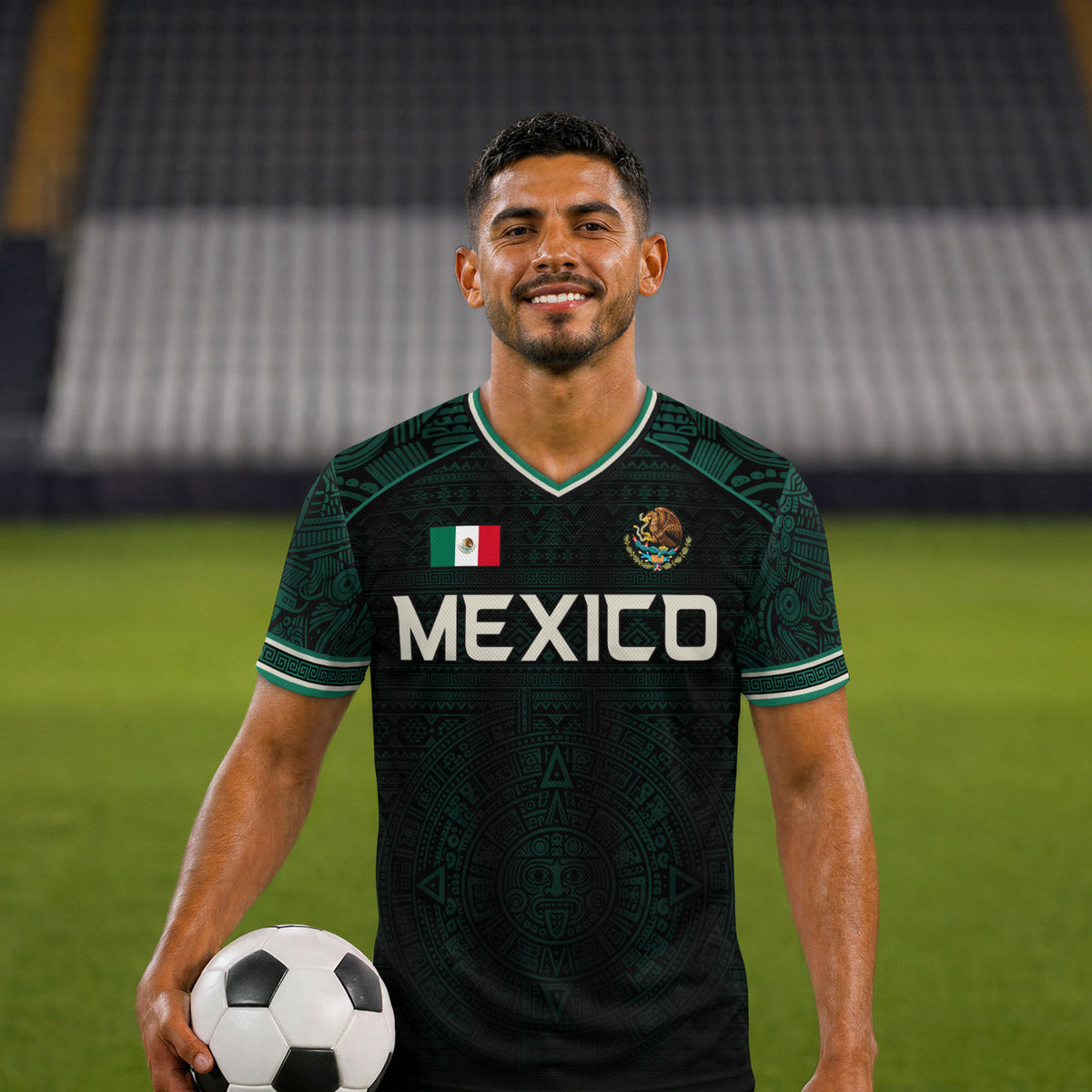 Mexico Soccer Jersey Dark Green V Neck Unisex Shirt Aztec Calendar Graphic Football Top