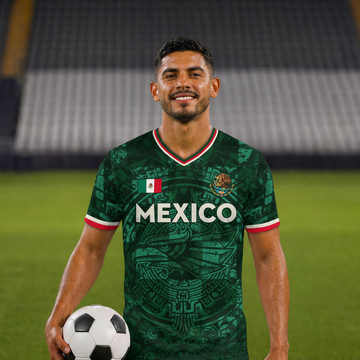 Mexico Soccer Jersey V Neck Unisex Green Shirt Aztec Warrior Eagle Pattern Football Apparel