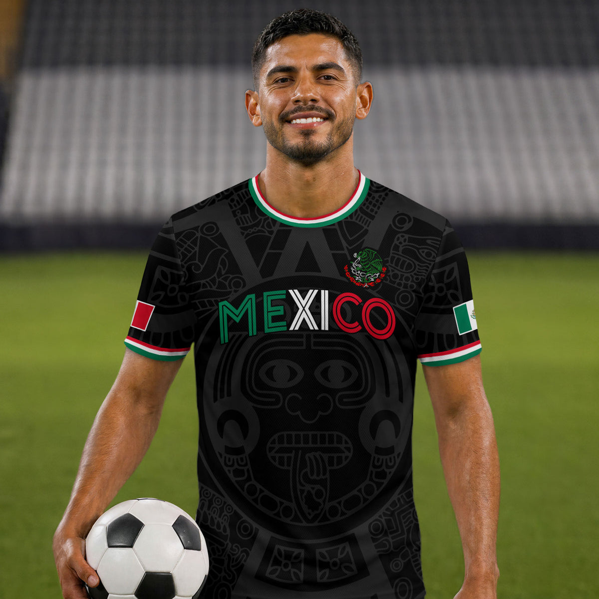 Soccer Jersey Mexico Black Aztec Pattern with Tricolor Accents