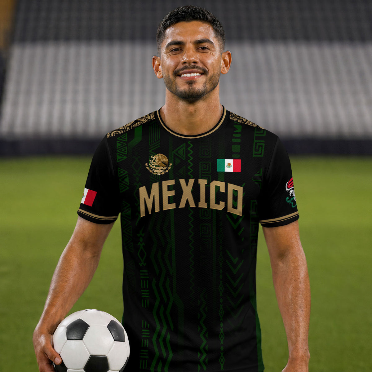 Camiseta de fútbol de México con diseño azteca negro y dorado