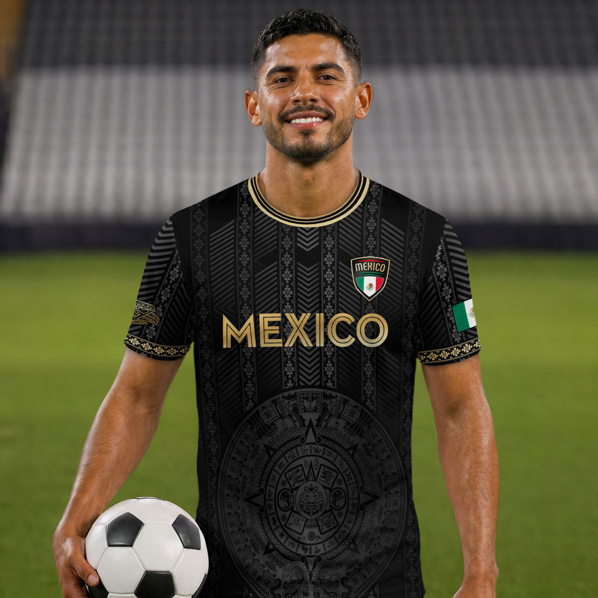 Camiseta de fútbol de México con diseño de calendario azteca, color negro y dorado