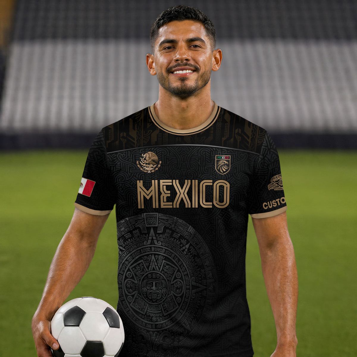 Camiseta de fútbol personalizada de México, edición dorada, calendario azteca negro