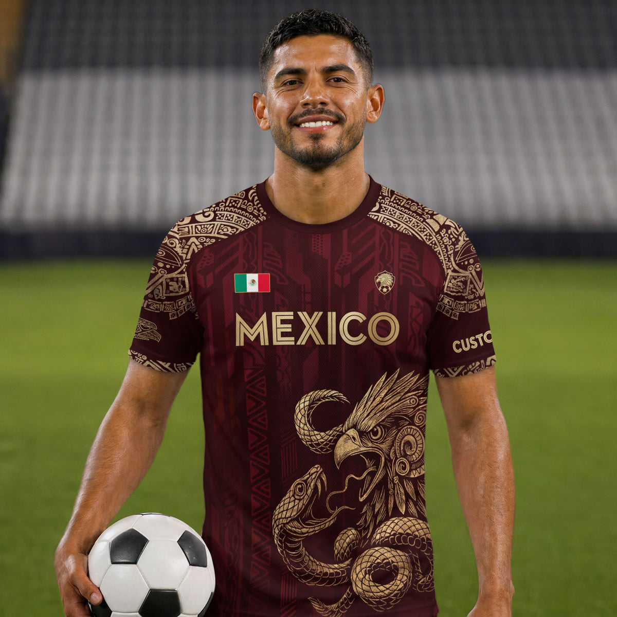 Camiseta de fútbol personalizada de México, color burdeos, águila y serpiente dorada