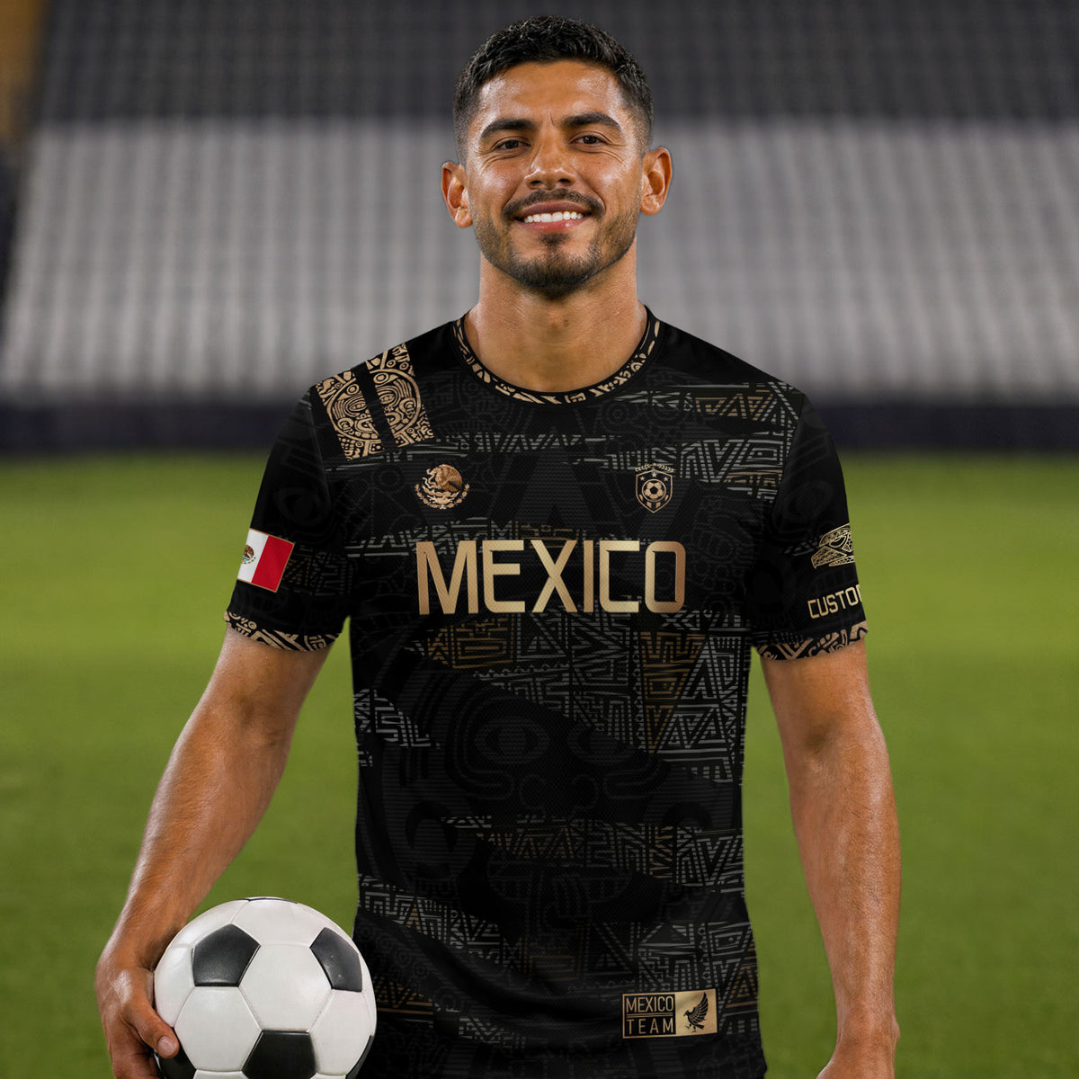 Custom Mexico Soccer Jersey Black Gold Aztec Design