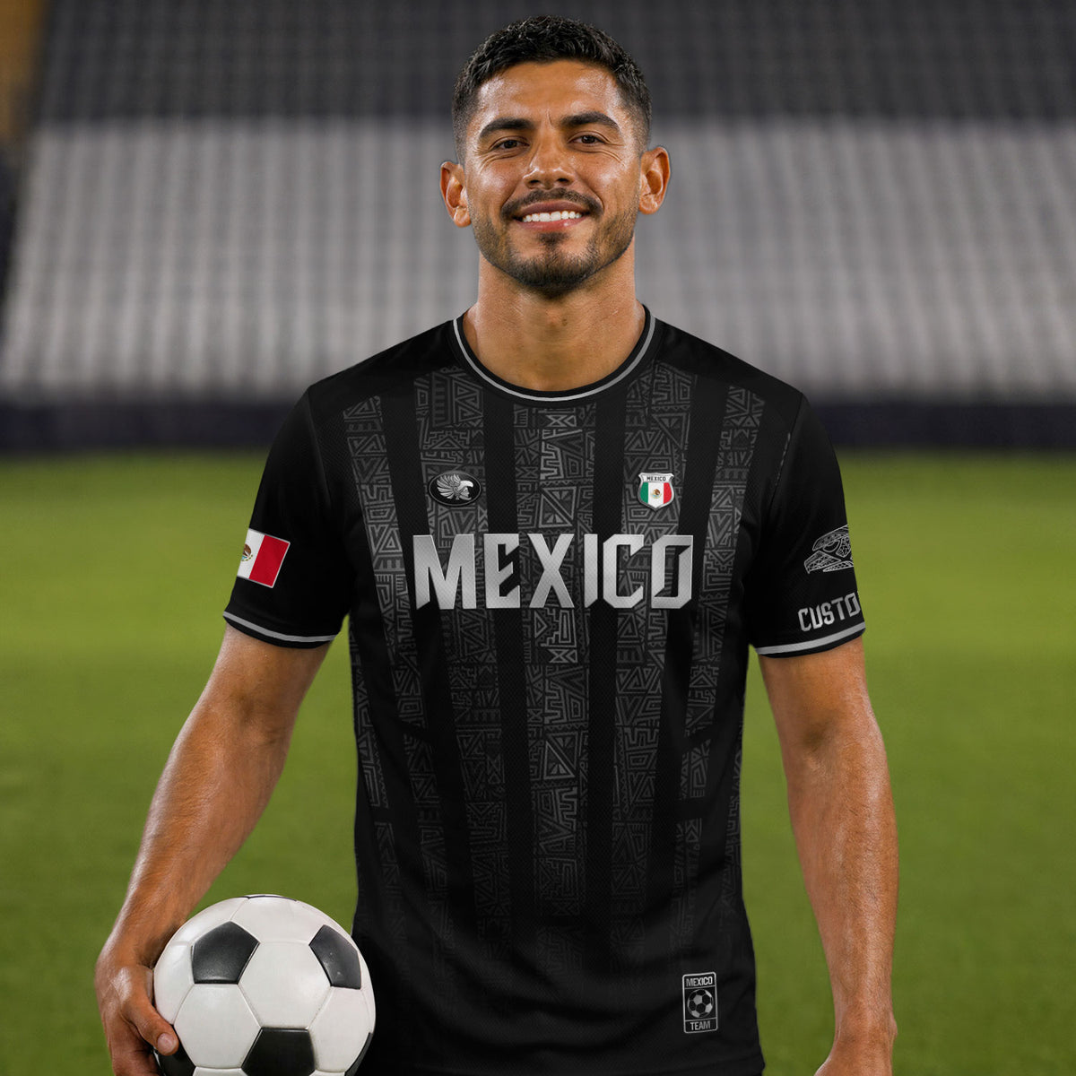 Custom Mexico Black Silver Aztec Pattern Soccer Jersey