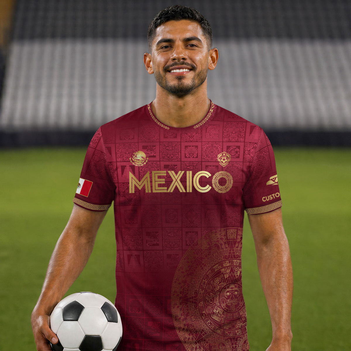 Camiseta de fútbol personalizada del calendario azteca dorado granate de México