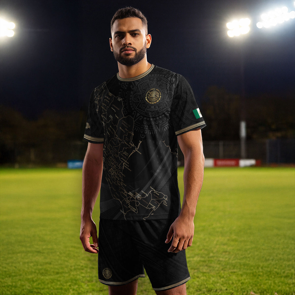 Camiseta de fútbol de México con diseño de mapa patrimonial de piedra solar azteca negra