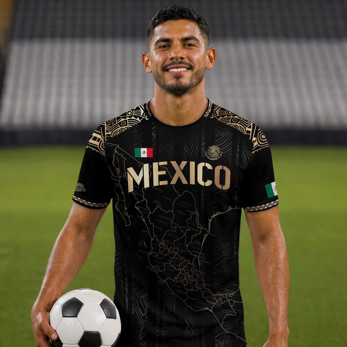 Camiseta de fútbol con el mapa de la herencia de México en negro y detalles aztecas dorados