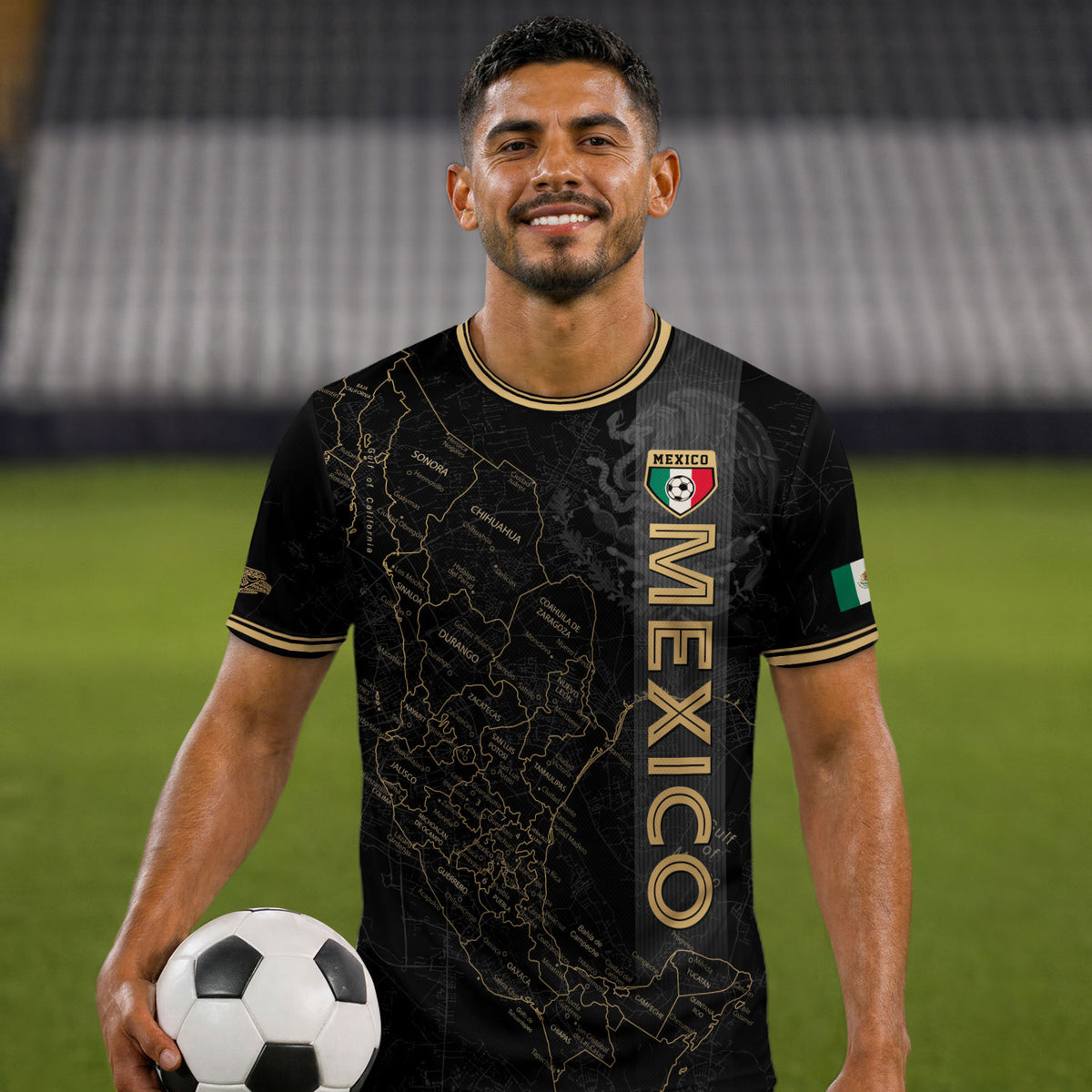 Camiseta de fútbol con el mapa de la herencia de México en negro y detalles aztecas dorados