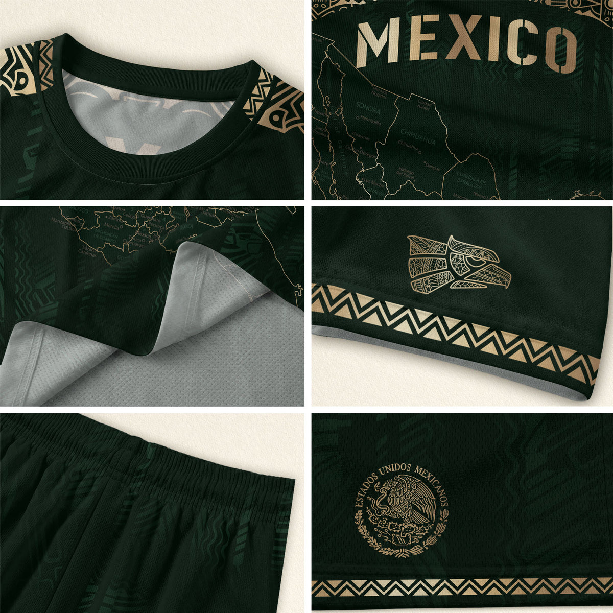 Camiseta de fútbol infantil de México con diseño azteca, color verde y dorado