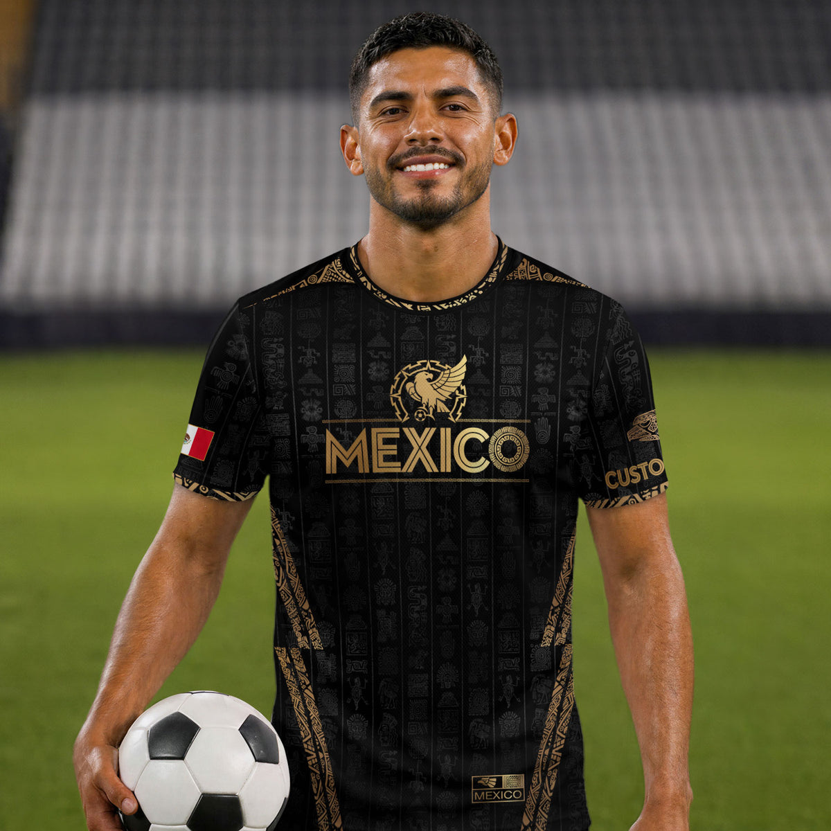 Camiseta de fútbol personalizada de México en negro y dorado con diseño de águila azteca