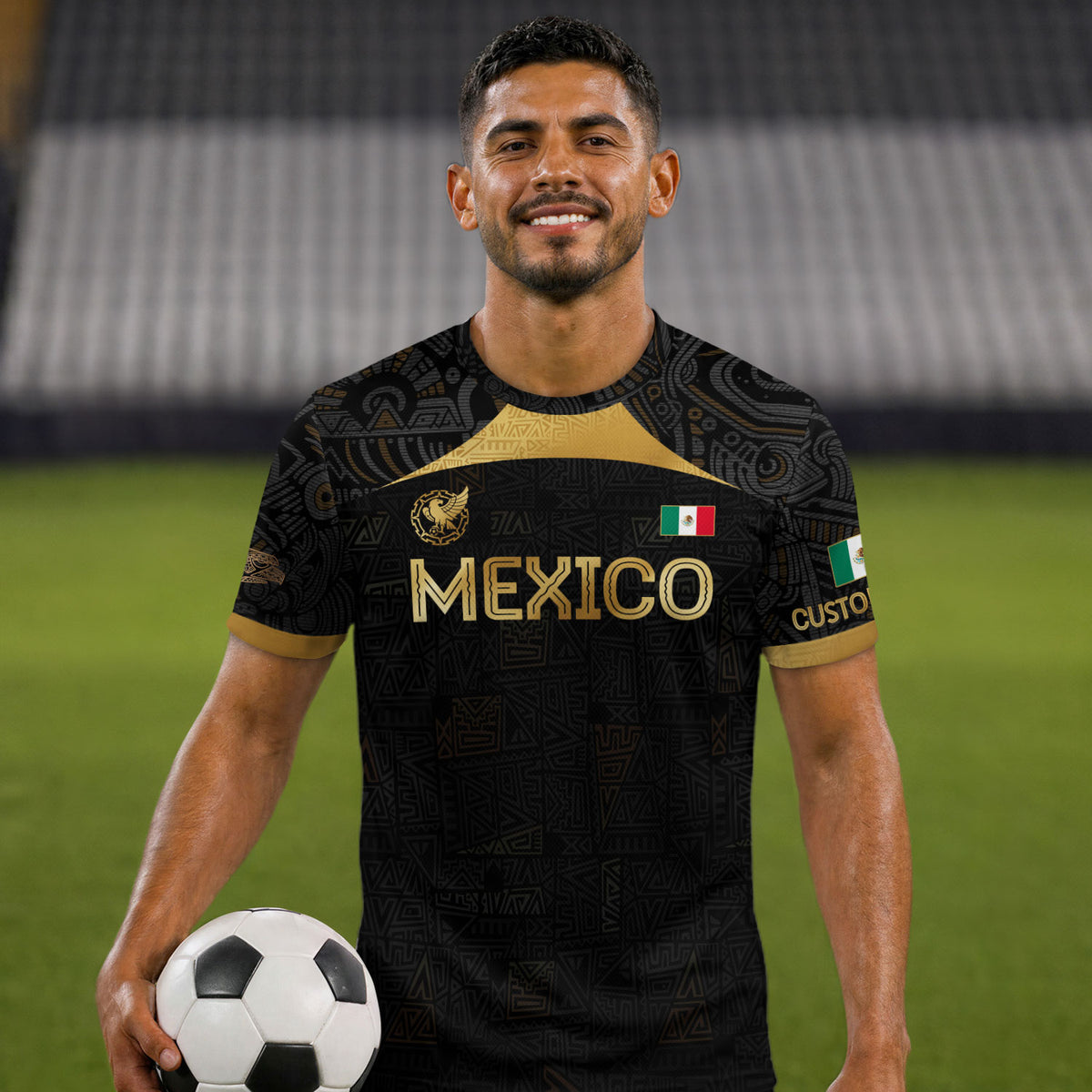Custom Mexico Black Gold Soccer Jersey with Aztec Warrior Pattern