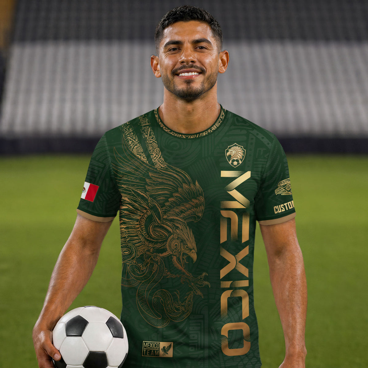 Camiseta de fútbol verde y dorado personalizada de México con diseño de águila y serpiente azteca
