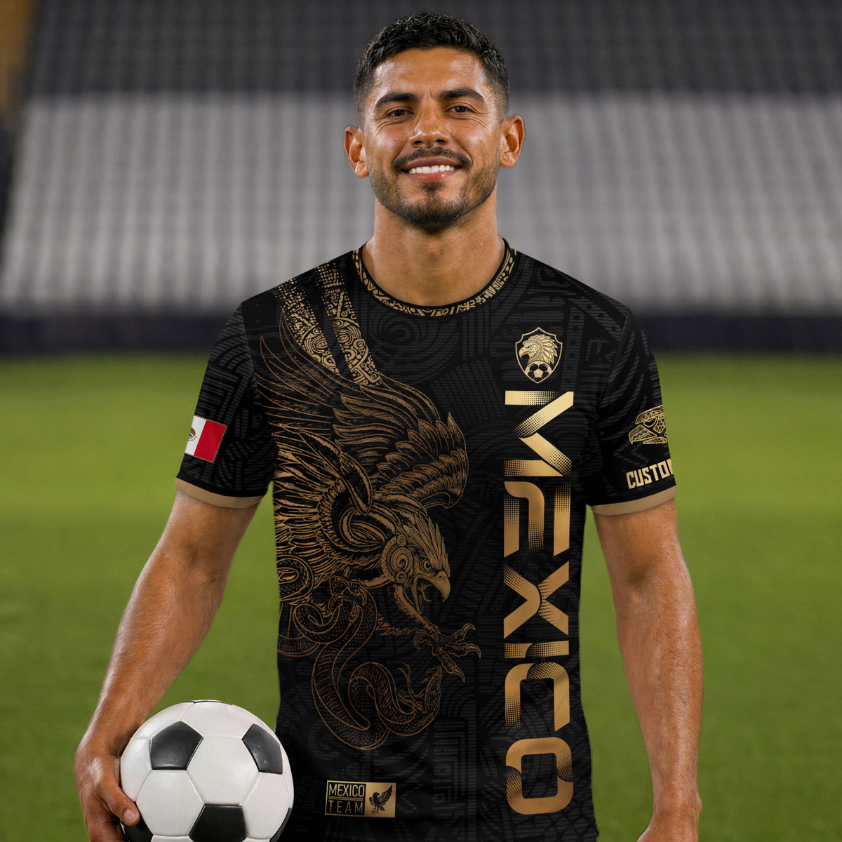 Custom Mexico Black Gold Soccer Jersey with Aztec Eagle Serpent Design