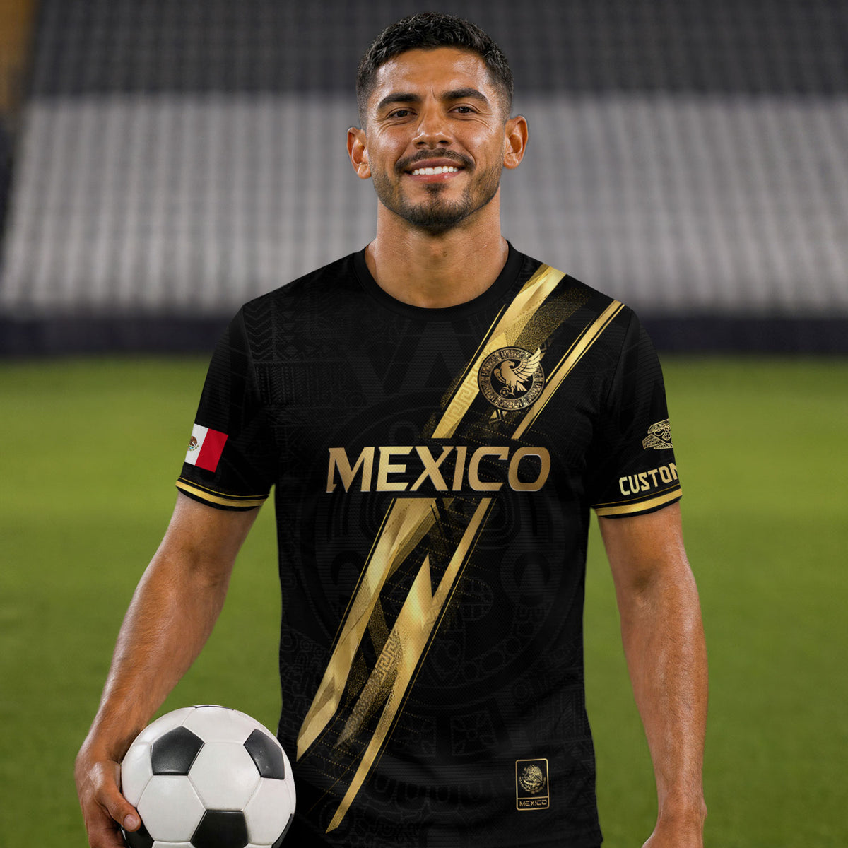 Camiseta de fútbol personalizada de México en negro y dorado con diseño de rayas del mapa de la herencia