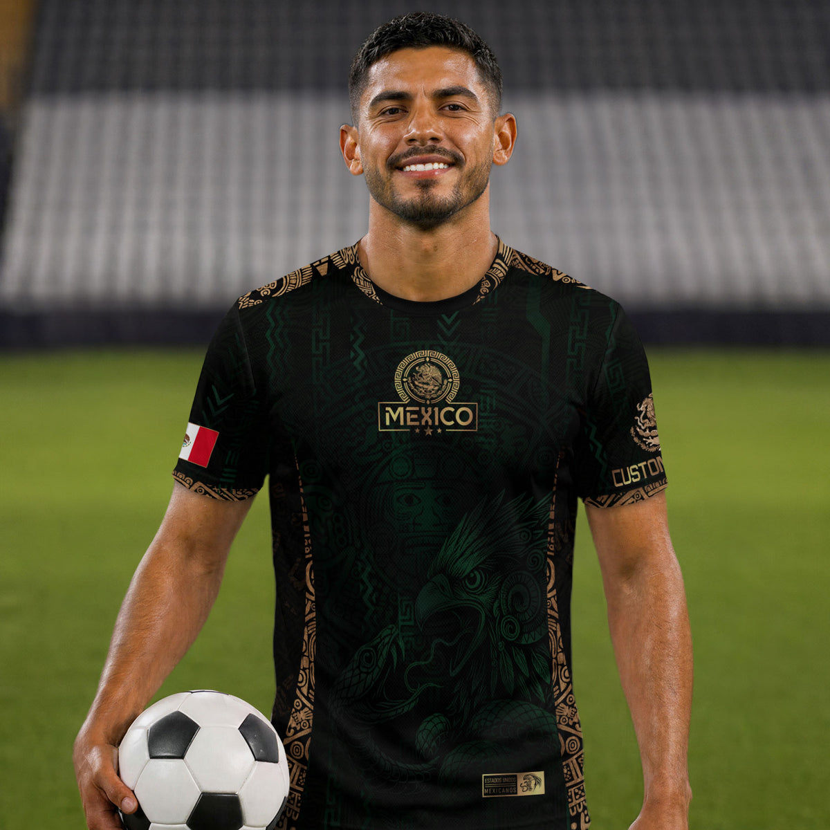 Camiseta de fútbol personalizada de México, color verde y dorado, con diseño de águila azteca.