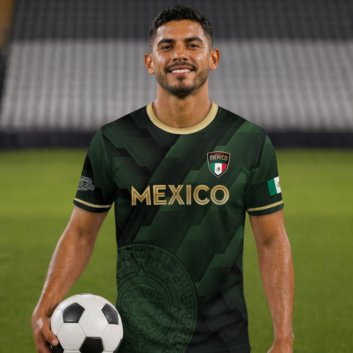 Camiseta de fútbol verde de México con diseño de piedra solar azteca dorada