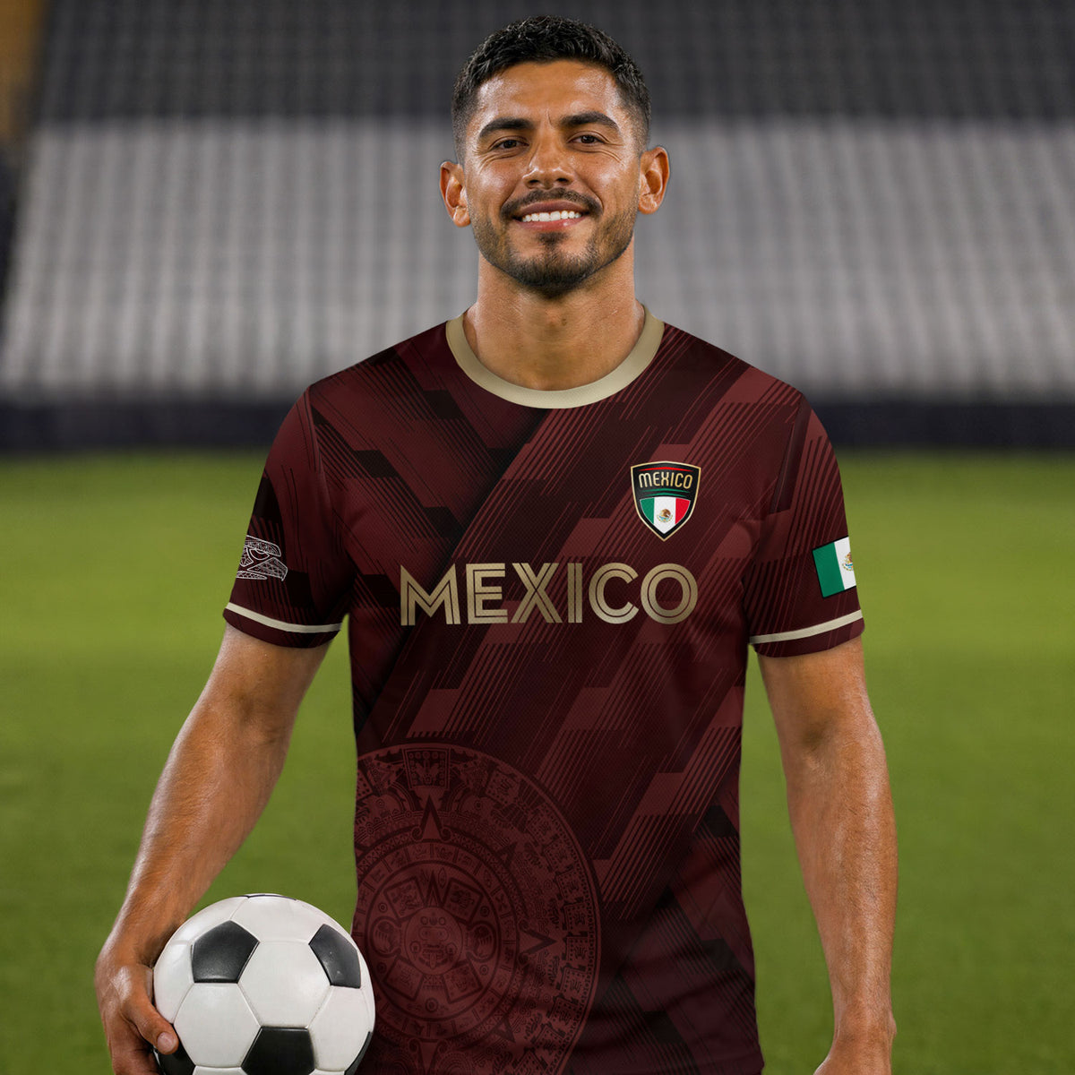 Camiseta de fútbol de México color burdeos con piedra solar azteca dorada y escudo del águila