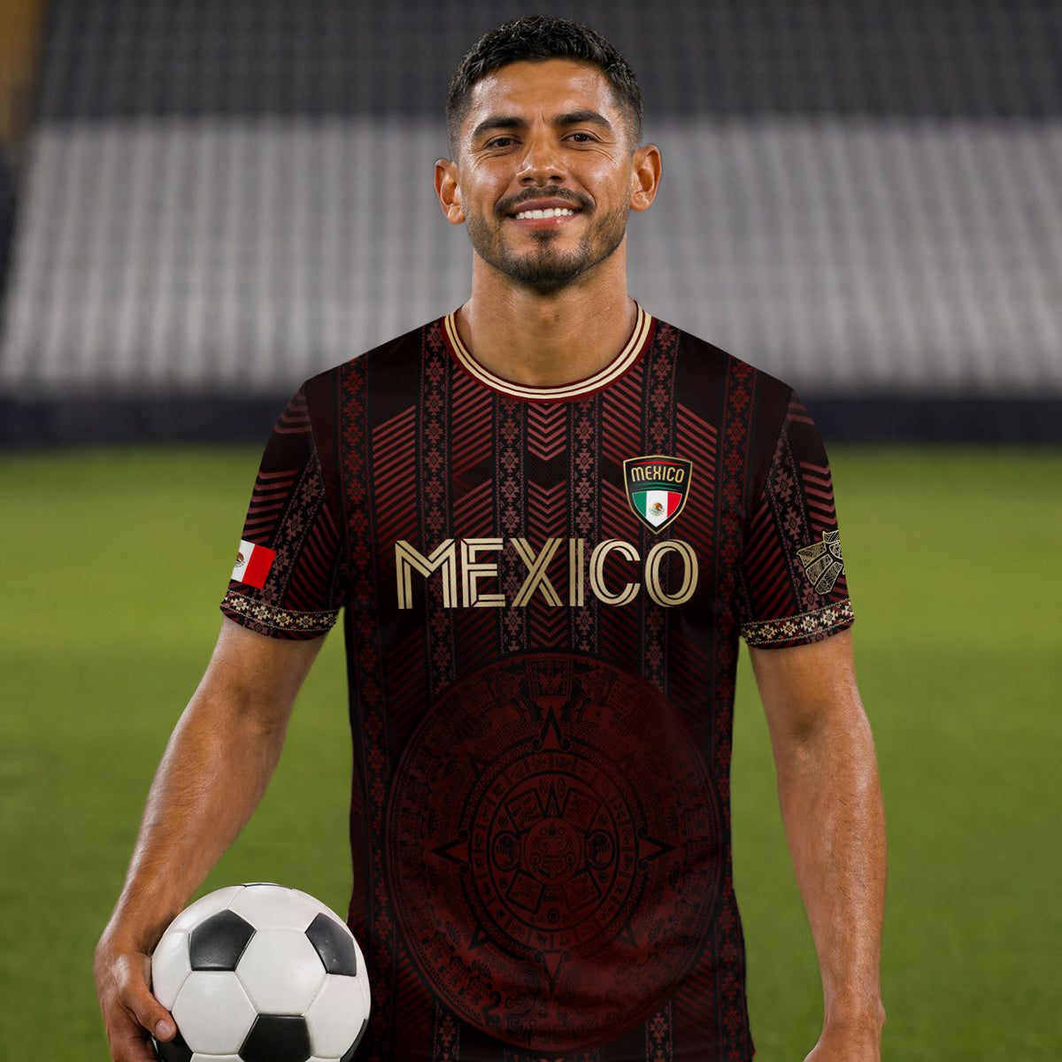 Camiseta de fútbol de México color burdeos con calendario azteca dorado y escudo del águila