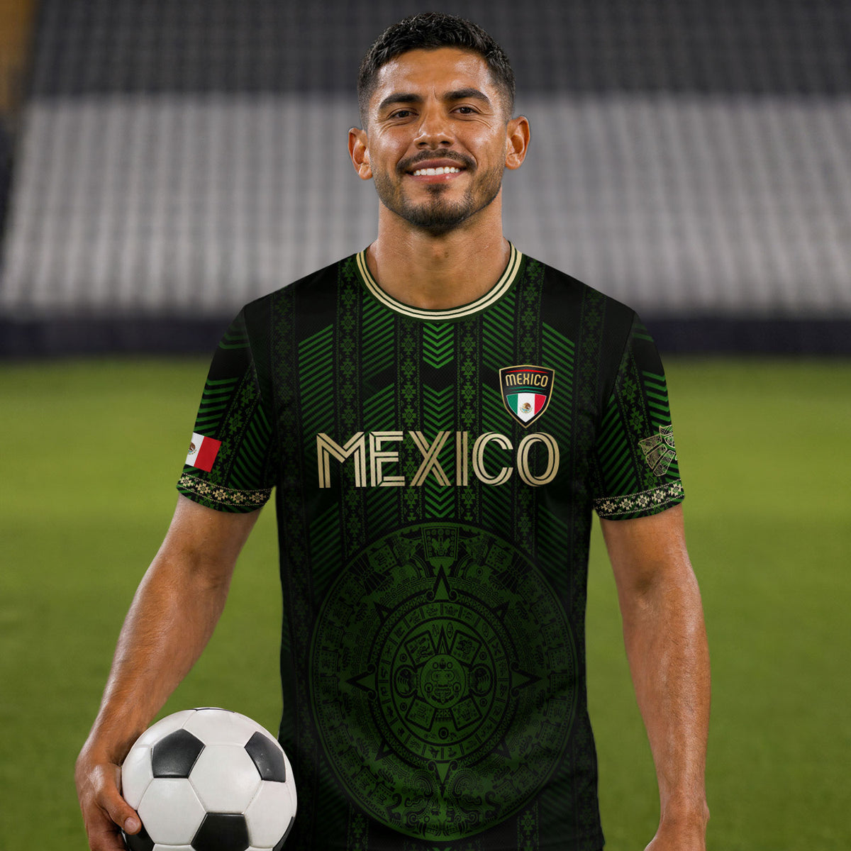 Camiseta de fútbol verde de México con calendario azteca dorado y escudo del águila