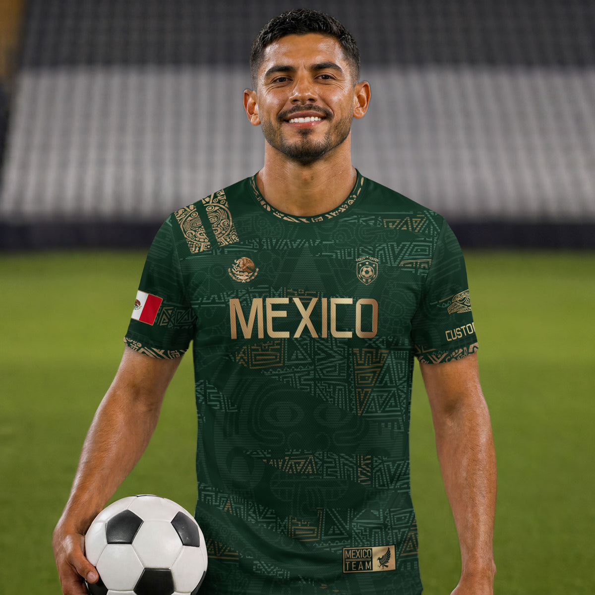 Custom Mexico Green Gold Aztec Pattern Soccer Jersey