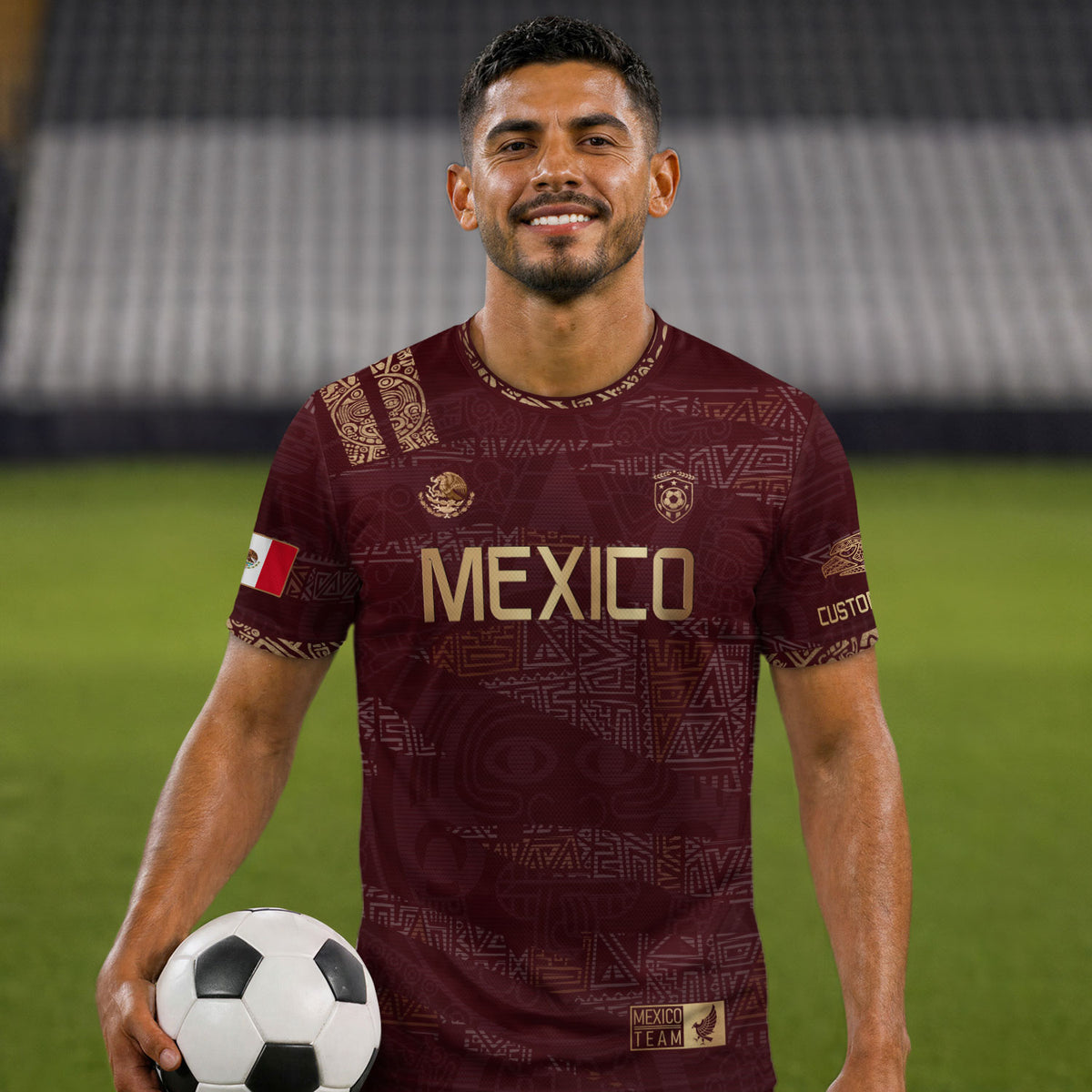 Camiseta de fútbol personalizada de México con herencia azteca, color granate y dorado