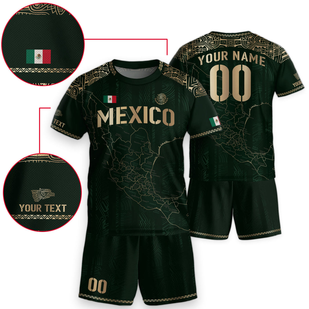 Camiseta de fútbol personalizada de México para niños, diseño de mapa patrimonial verde y dorado