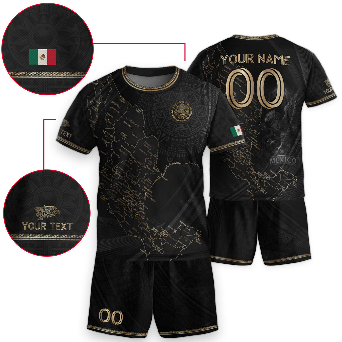 Camiseta de fútbol personalizada de México para niños, diseño de mapa patrimonial en negro y dorado