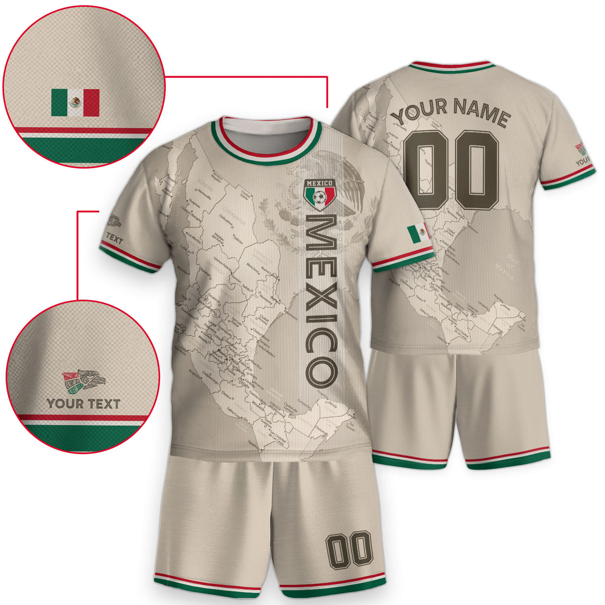 Camiseta de fútbol infantil de México personalizada con diseño de mapa patrimonial beige