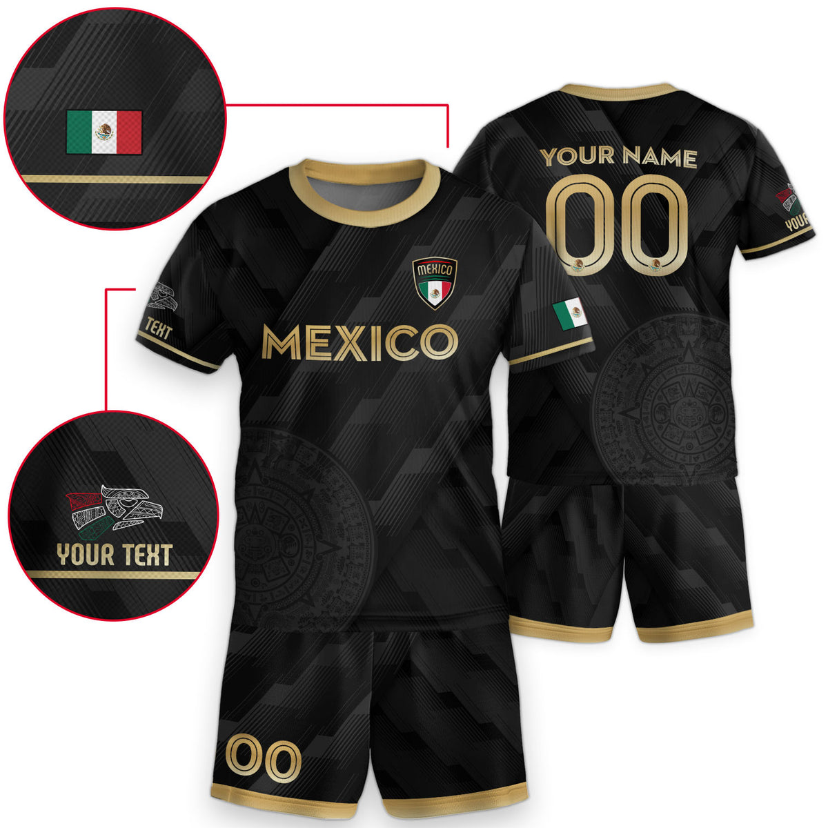 Camiseta de fútbol personalizada de México para niños, diseño clásico negro y dorado